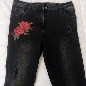 Black Embroidered Denim Pants